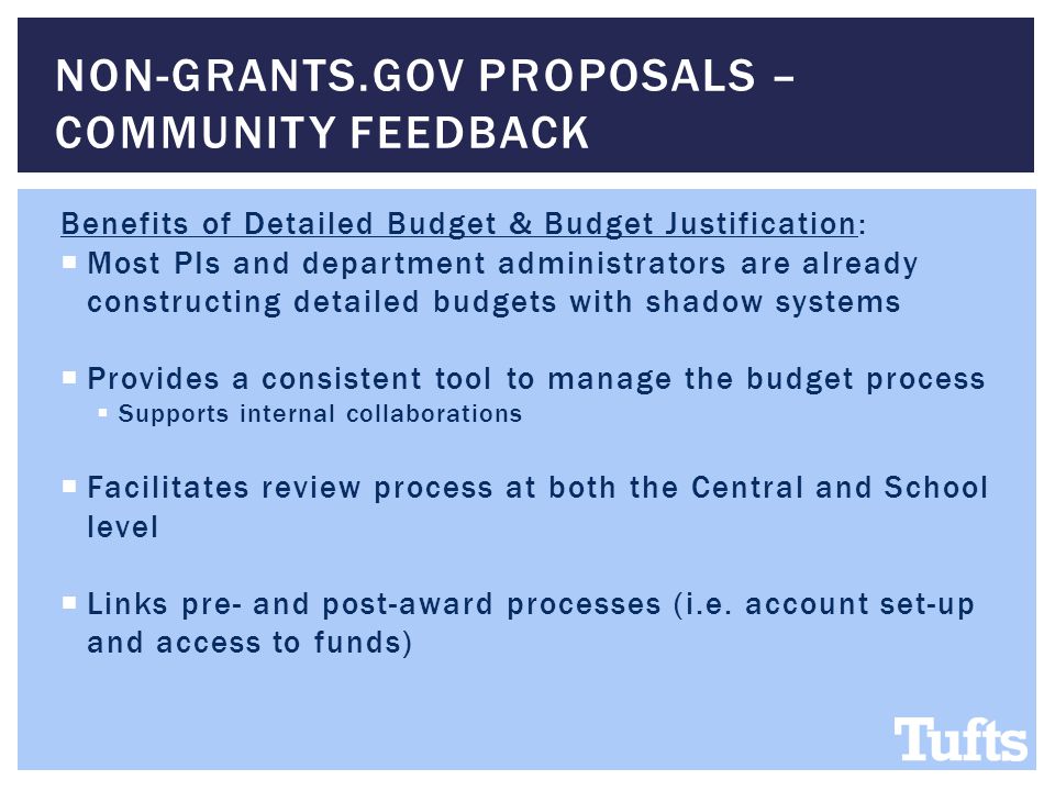 Benefits of Detailed Budget & Budget Justification:  Most PIs and department administrators are already constructing detailed budgets with shadow systems  Provides a consistent tool to manage the budget process  Supports internal collaborations  Facilitates review process at both the Central and School level  Links pre- and post-award processes (i.e.