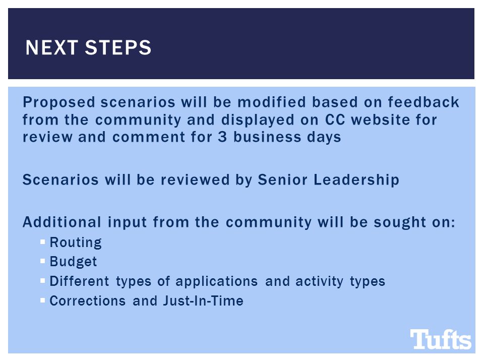 Proposed scenarios will be modified based on feedback from the community and displayed on CC website for review and comment for 3 business days Scenarios will be reviewed by Senior Leadership Additional input from the community will be sought on:  Routing  Budget  Different types of applications and activity types  Corrections and Just-In-Time NEXT STEPS