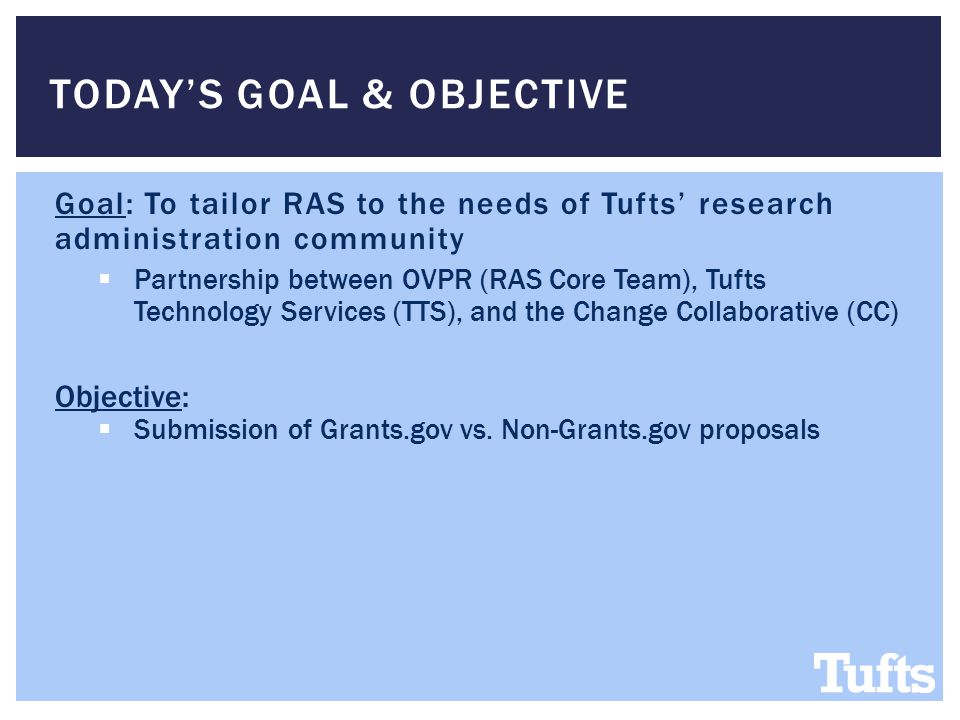 TODAY’S GOAL & OBJECTIVE Goal: To tailor RAS to the needs of Tufts’ research administration community  Partnership between OVPR (RAS Core Team), Tufts Technology Services (TTS), and the Change Collaborative (CC) Objective:  Submission of Grants.gov vs.