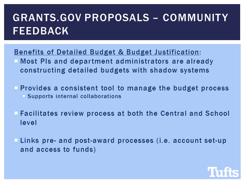 Benefits of Detailed Budget & Budget Justification:  Most PIs and department administrators are already constructing detailed budgets with shadow systems  Provides a consistent tool to manage the budget process  Supports internal collaborations  Facilitates review process at both the Central and School level  Links pre- and post-award processes (i.e.