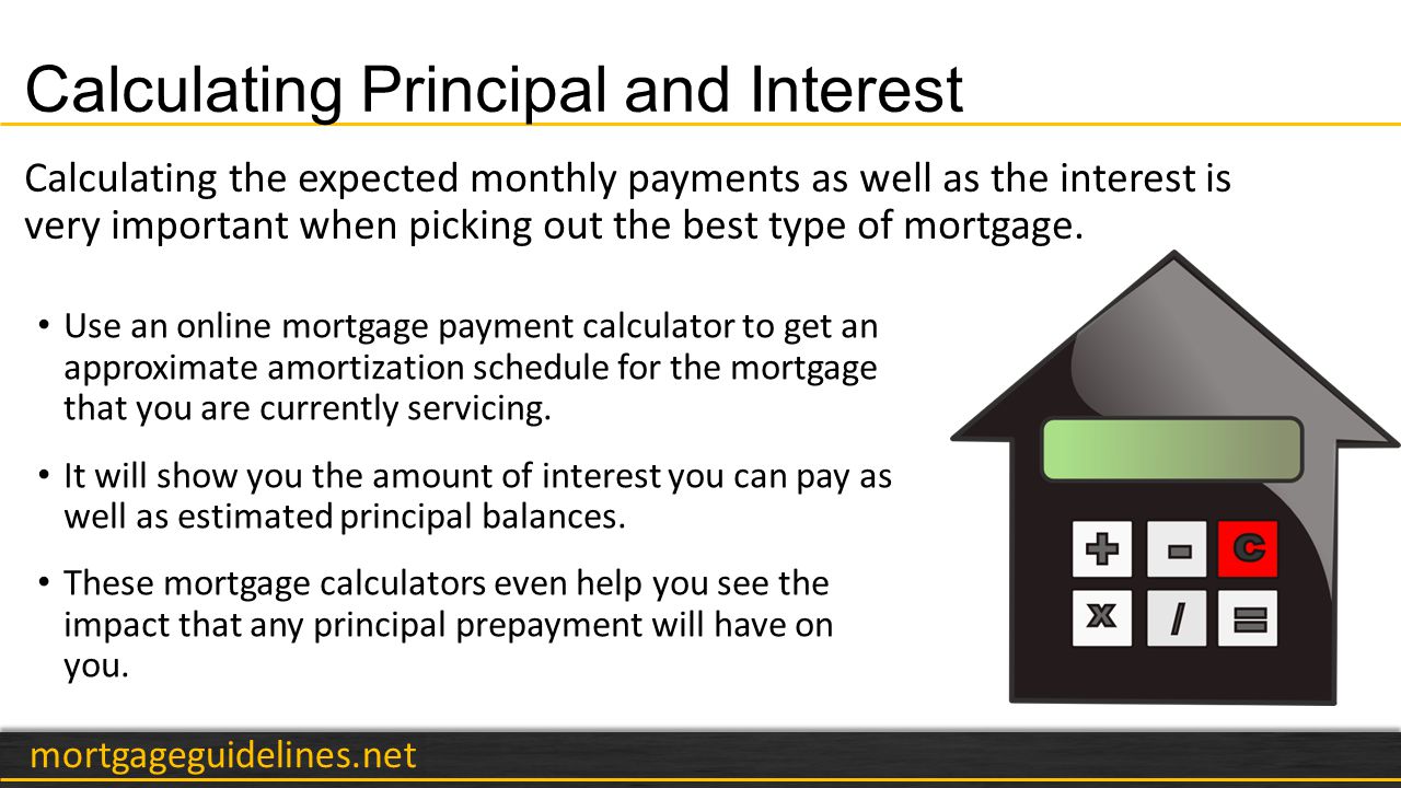 mortgageguidelines.net Calculating Principal and Interest Use an online mortgage payment calculator to get an approximate amortization schedule for the mortgage that you are currently servicing.