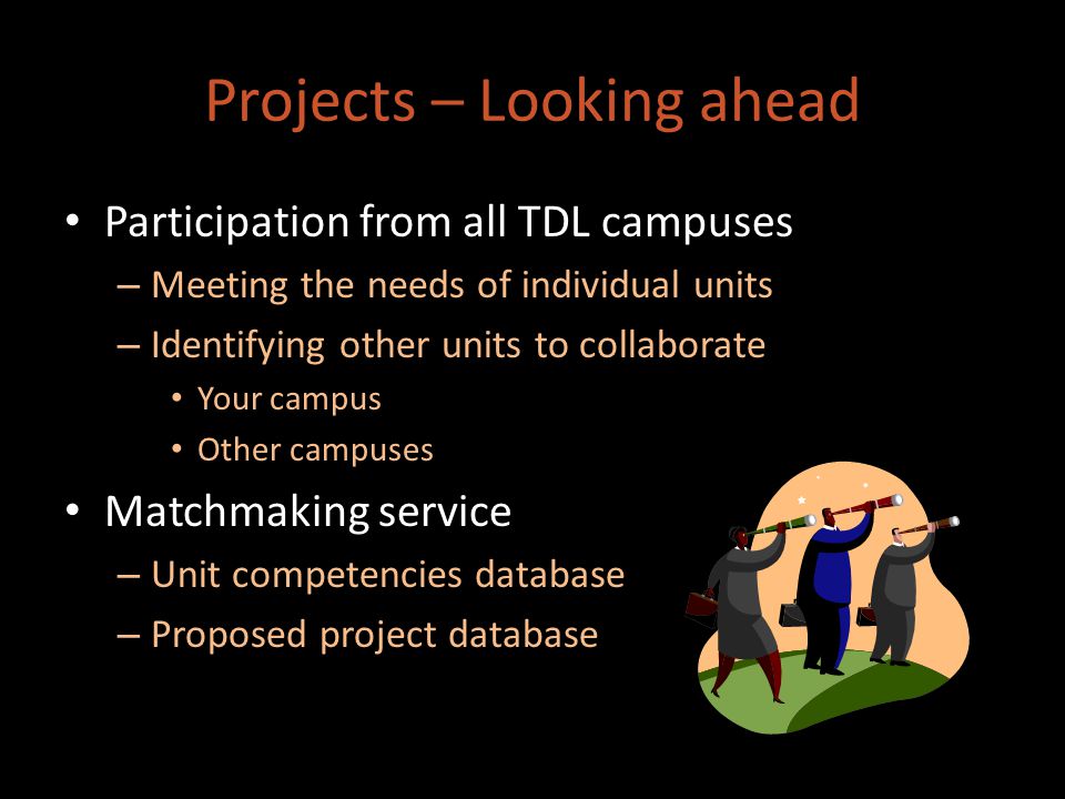 Projects – Looking ahead Participation from all TDL campuses – Meeting the needs of individual units – Identifying other units to collaborate Your campus Other campuses Matchmaking service – Unit competencies database – Proposed project database