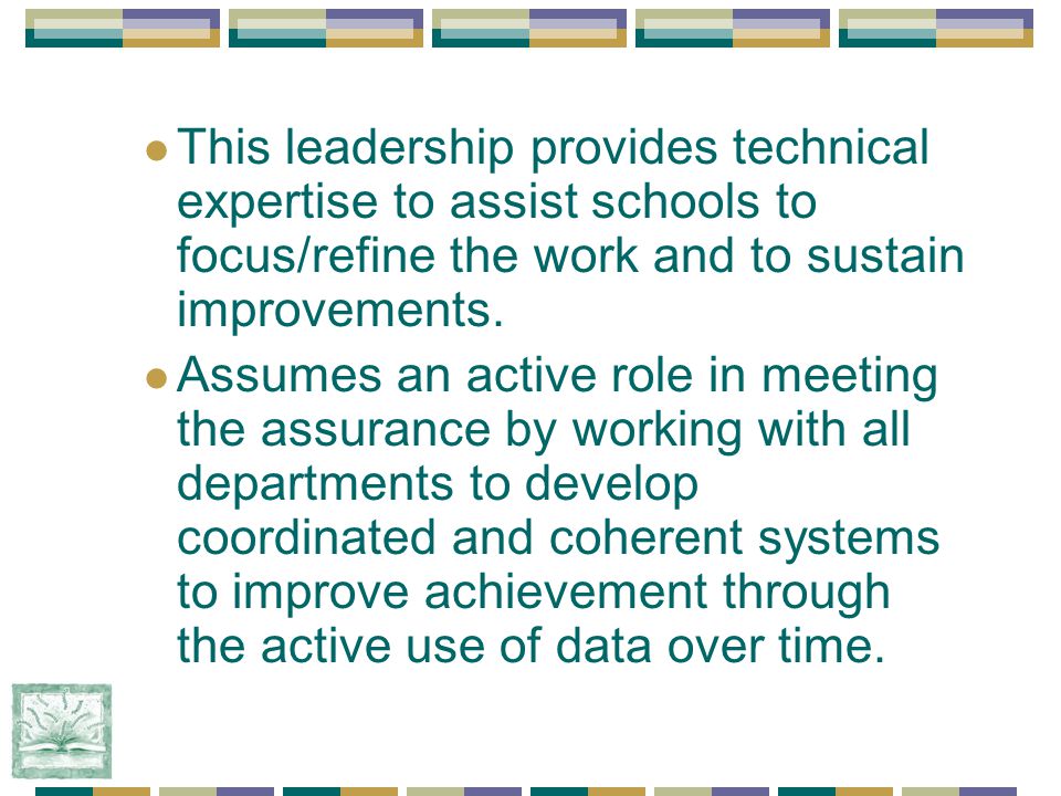 This leadership provides technical expertise to assist schools to focus/refine the work and to sustain improvements.