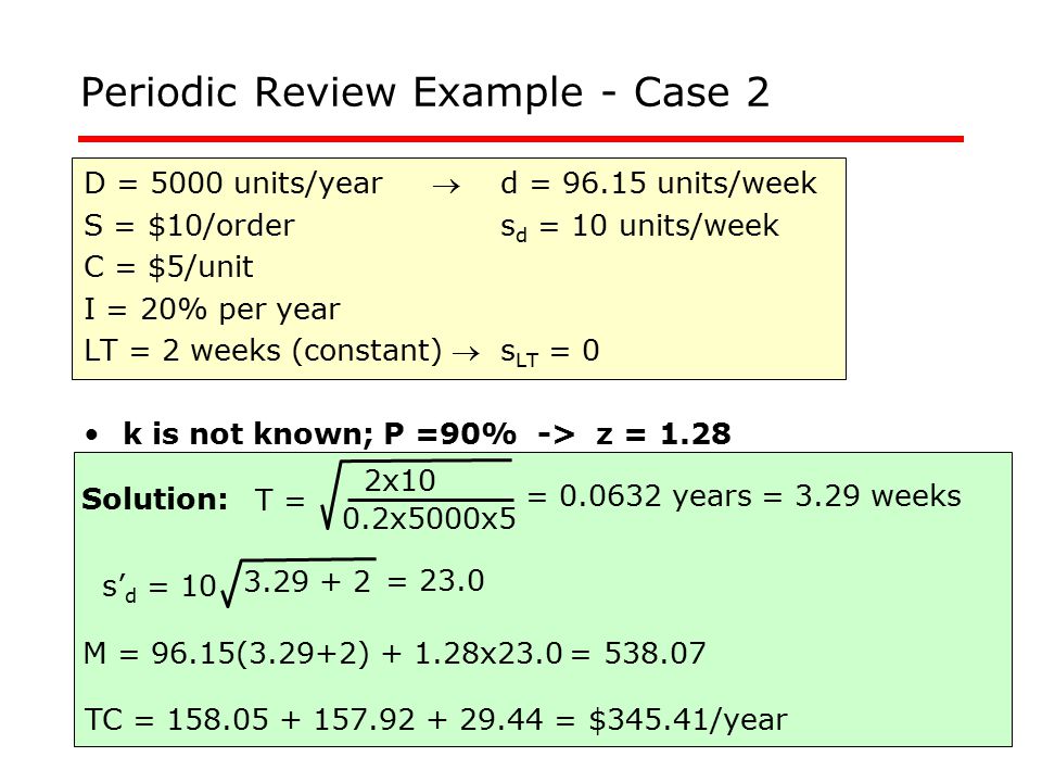 Periodic Review Example - Case 2 D = 5000 units/year d = units/week S = $10/orders d = 10 units/week C = $5/unit I = 20% per year LT = 2 weeks (constant) s LT = 0 k is not known; P =90% -> z = 1.28 T = 2x10 0.2x5000x5 = years = 3.29 weeks Solution: TC = = $345.41/year M = 96.15(3.29+2) x23.0 = s’ d = 10 = 23.0