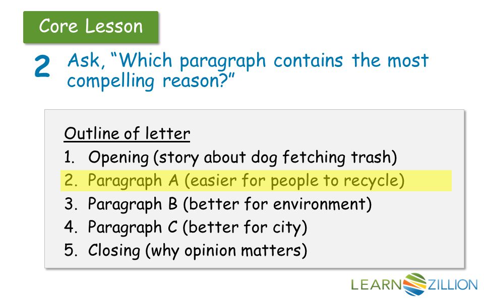 Core Lesson 2 Ask, Which paragraph contains the most compelling reason Outline of letter 1.Opening (story about dog fetching trash) 2.Paragraph A (easier for people to recycle) 3.Paragraph B (better for environment) 4.Paragraph C (better for city) 5.Closing (why opinion matters) Outline of letter 1.Opening (story about dog fetching trash) 2.Paragraph A (easier for people to recycle) 3.Paragraph B (better for environment) 4.Paragraph C (better for city) 5.Closing (why opinion matters)