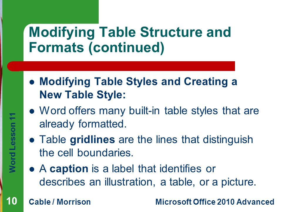 Word Lesson 11 Cable / MorrisonMicrosoft Office 2010 Advanced Modifying Table Structure and Formats (continued) Modifying Table Styles and Creating a New Table Style: Word offers many built-in table styles that are already formatted.