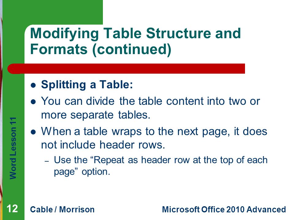 Word Lesson 11 Cable / MorrisonMicrosoft Office 2010 Advanced Modifying Table Structure and Formats (continued) Splitting a Table: You can divide the table content into two or more separate tables.