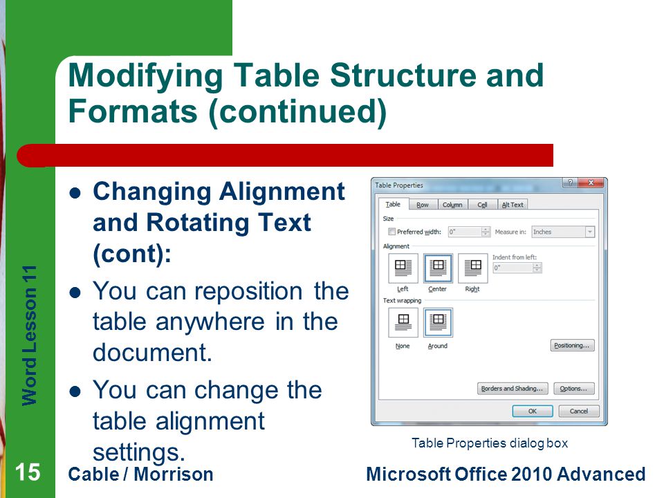 Word Lesson 11 Cable / MorrisonMicrosoft Office 2010 Advanced Modifying Table Structure and Formats (continued) Changing Alignment and Rotating Text (cont): You can reposition the table anywhere in the document.