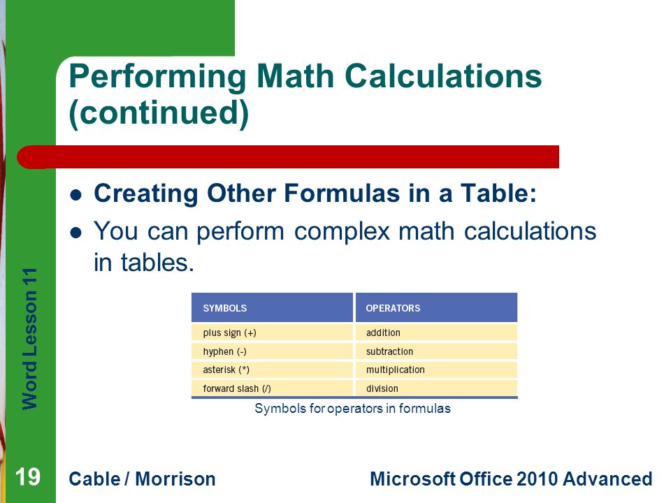 Word Lesson 11 Cable / MorrisonMicrosoft Office 2010 Advanced Performing Math Calculations (continued) Creating Other Formulas in a Table: You can perform complex math calculations in tables.