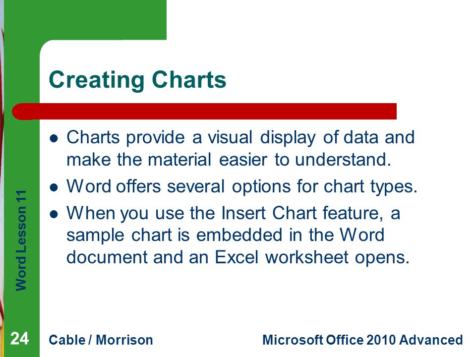 Word Lesson 11 Cable / MorrisonMicrosoft Office 2010 Advanced Creating Charts Charts provide a visual display of data and make the material easier to understand.