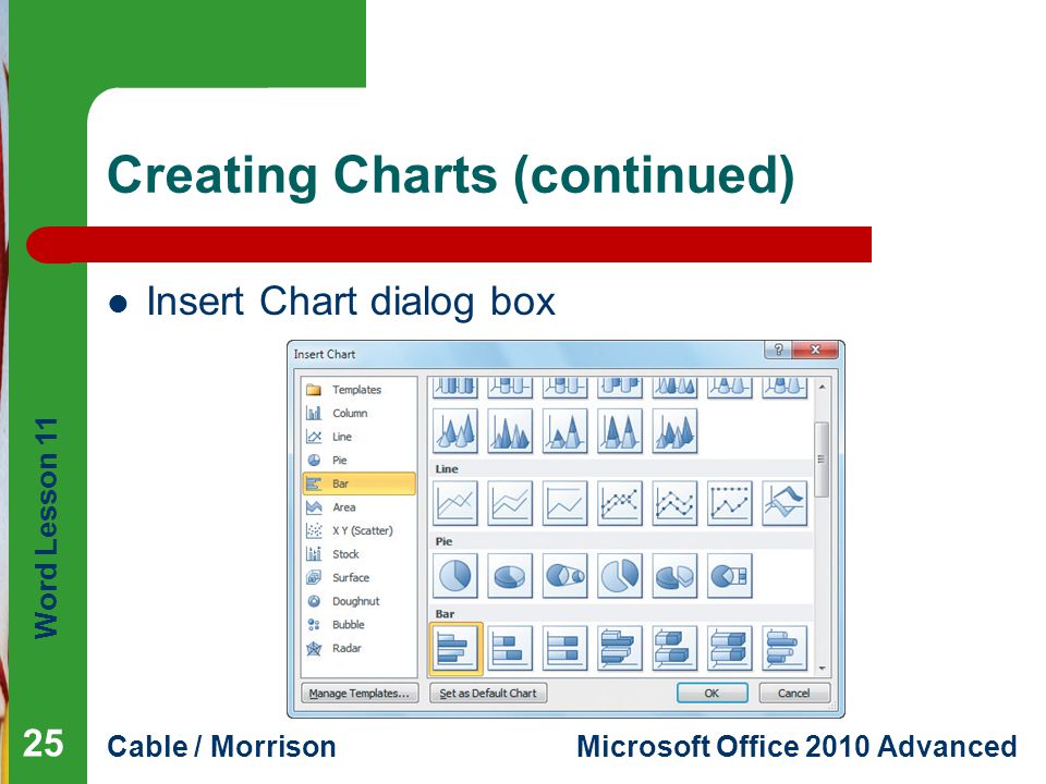 Word Lesson 11 Cable / MorrisonMicrosoft Office 2010 Advanced Creating Charts (continued) Insert Chart dialog box 25