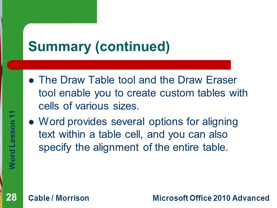 Word Lesson 11 Cable / MorrisonMicrosoft Office 2010 Advanced Summary (continued) The Draw Table tool and the Draw Eraser tool enable you to create custom tables with cells of various sizes.