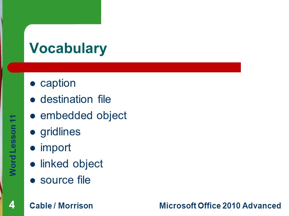 Word Lesson 11 Cable / MorrisonMicrosoft Office 2010 Advanced Vocabulary caption destination file embedded object gridlines import linked object source file 444