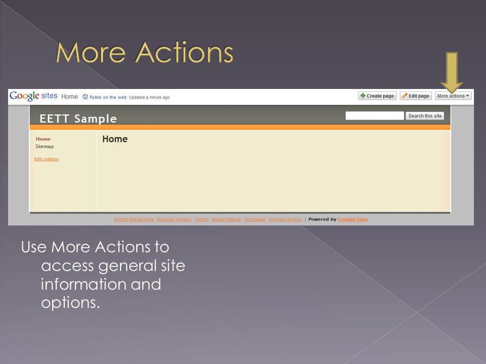 Use More Actions to access general site information and options.