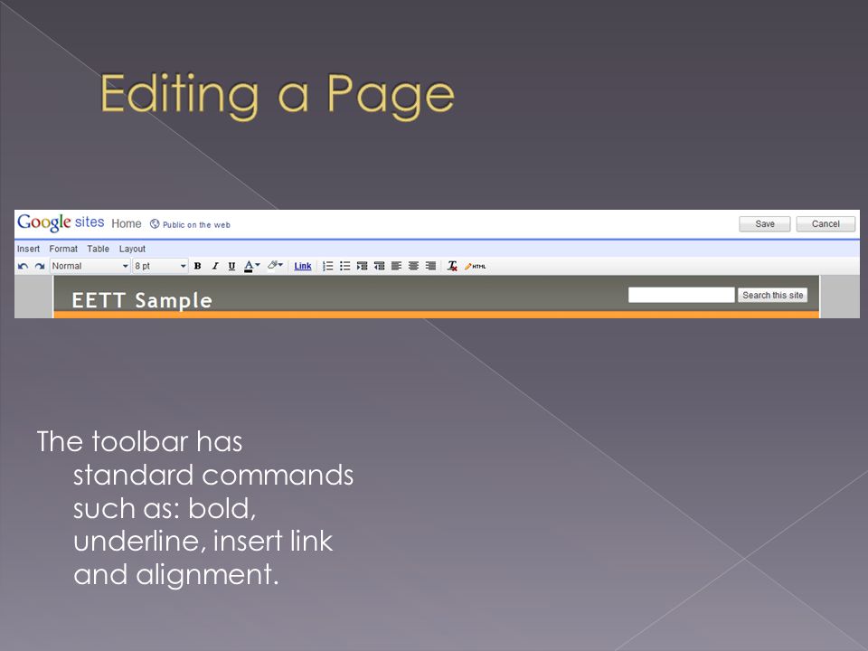 The toolbar has standard commands such as: bold, underline, insert link and alignment.