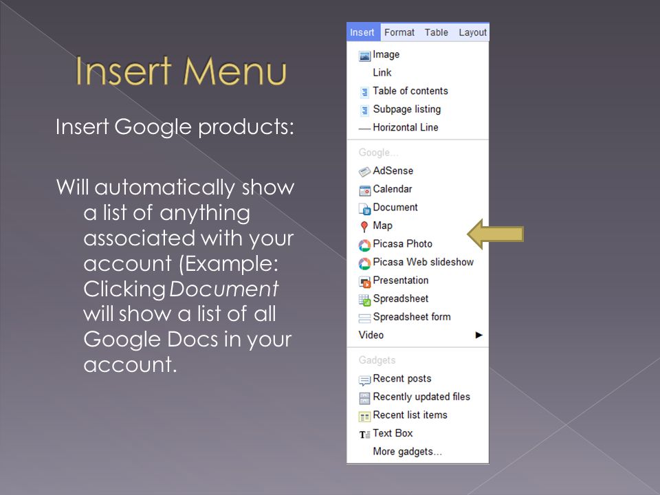 Insert Google products: Will automatically show a list of anything associated with your account (Example: Clicking Document will show a list of all Google Docs in your account.