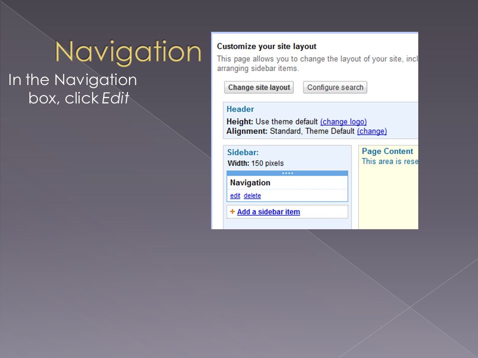 In the Navigation box, click Edit