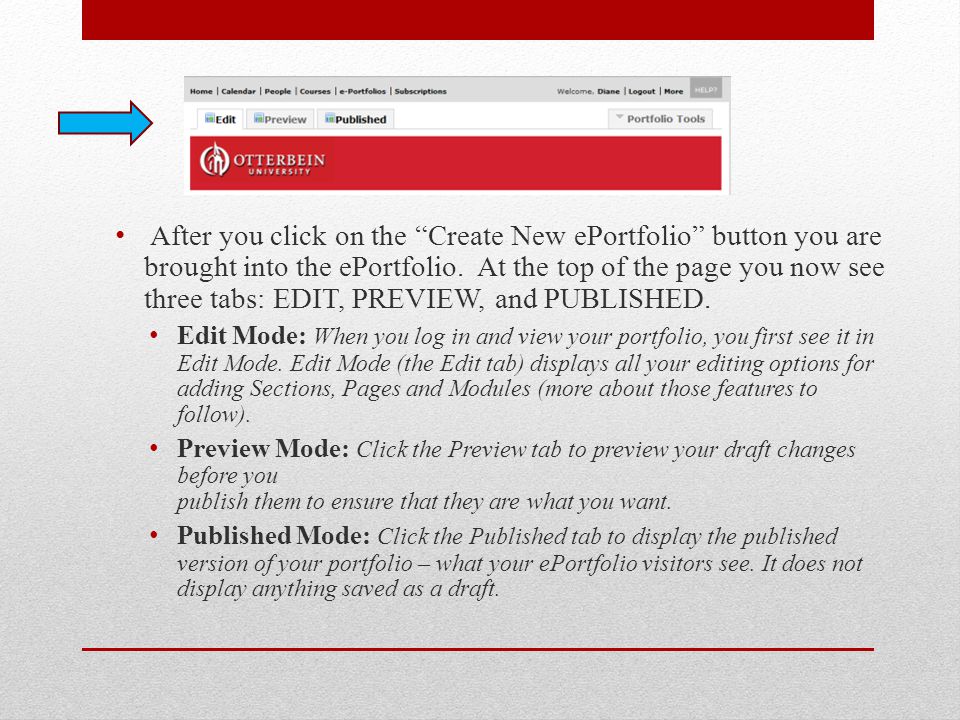 After you click on the Create New ePortfolio button you are brought into the ePortfolio.