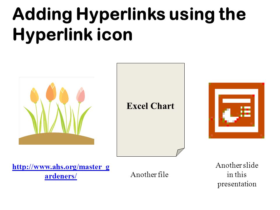 Adding Hyperlinks using the Hyperlink icon URL   ardeners/ Another file Another slide in this presentation Excel Chart