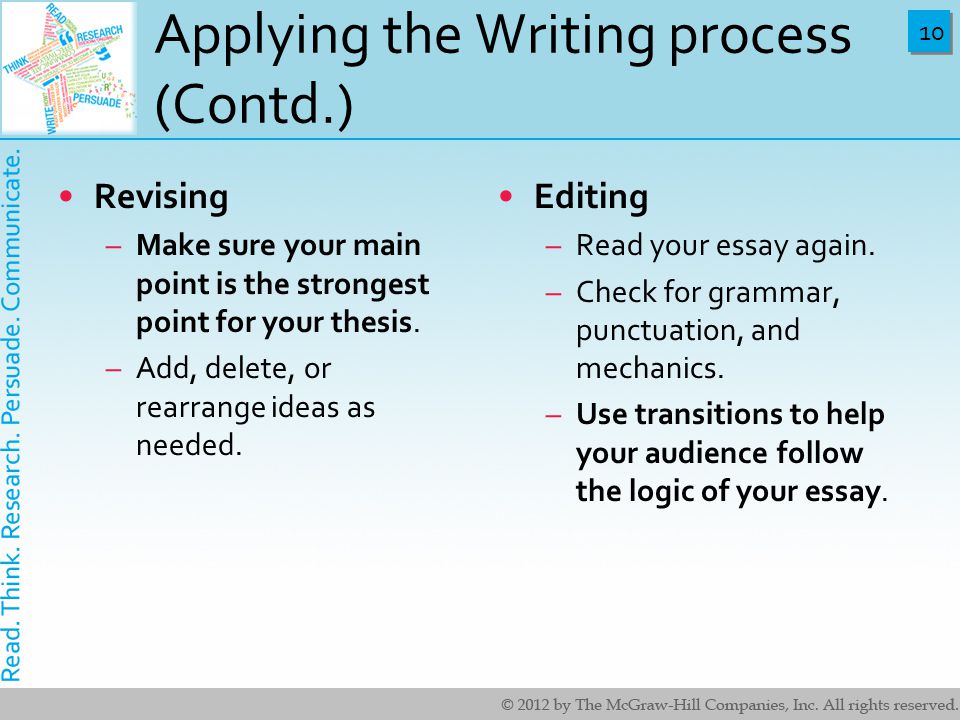 10 Applying the Writing process (Contd.) Revising –Make sure your main point is the strongest point for your thesis.