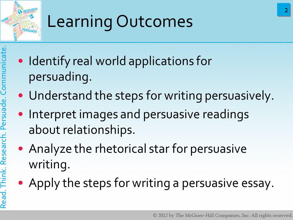 2 2 Learning Outcomes Identify real world applications for persuading.