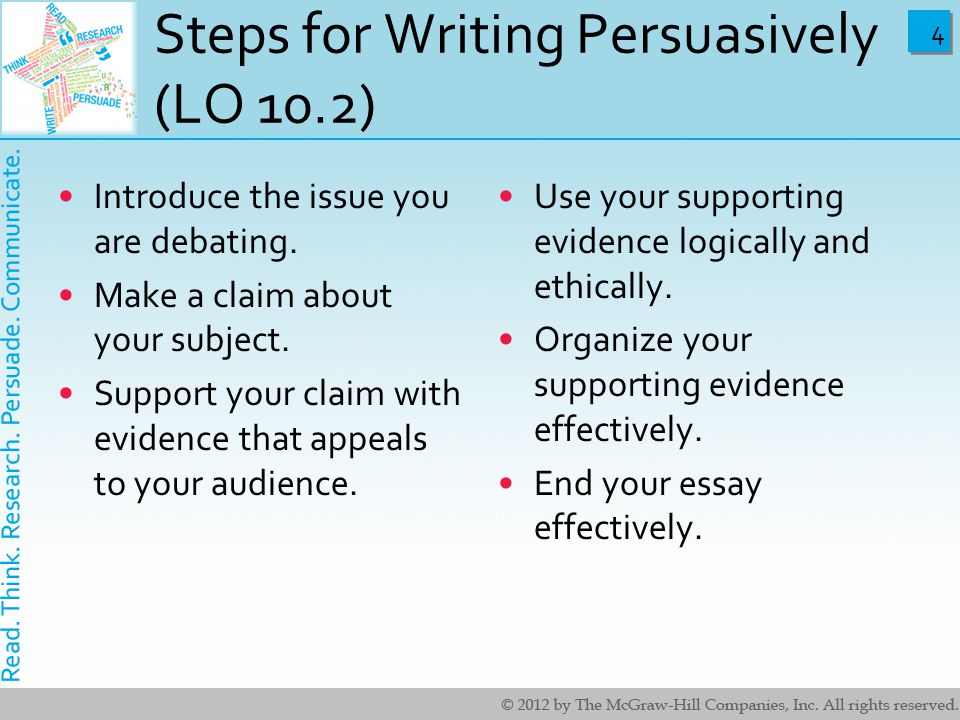 4 4 Steps for Writing Persuasively (LO 10.2) Introduce the issue you are debating.
