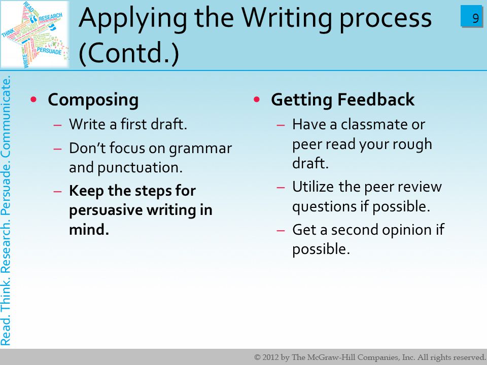 9 9 Applying the Writing process (Contd.) Composing –Write a first draft.