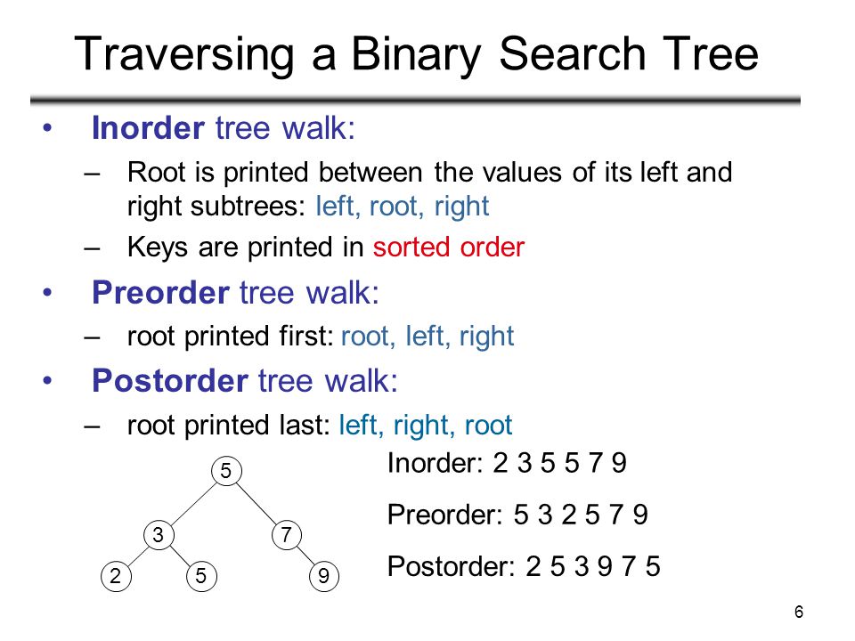 6 Traversing a Binary Search Tree Inorder tree walk: –Root is printed between the values of its left and right subtrees: left, root, right –Keys are printed in sorted order Preorder tree walk: –root printed first: root, left, right Postorder tree walk: –root printed last: left, right, root Preorder: Inorder: Postorder:
