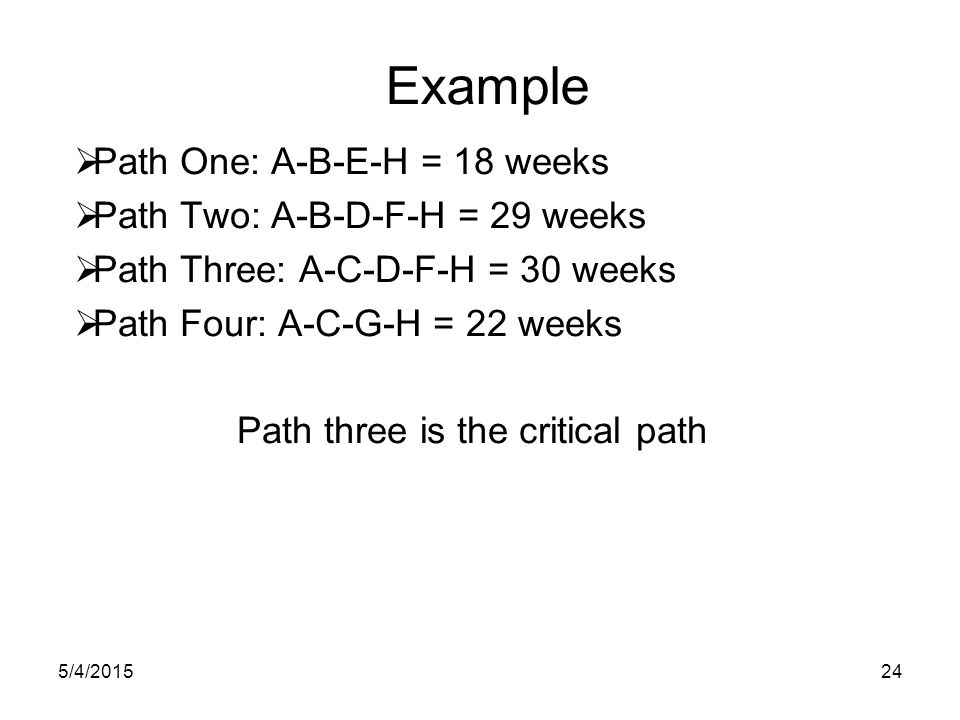 5/4/ Example  Path One: A-B-E-H = 18 weeks  Path Two: A-B-D-F-H = 29 weeks  Path Three: A-C-D-F-H = 30 weeks  Path Four: A-C-G-H = 22 weeks Path three is the critical path