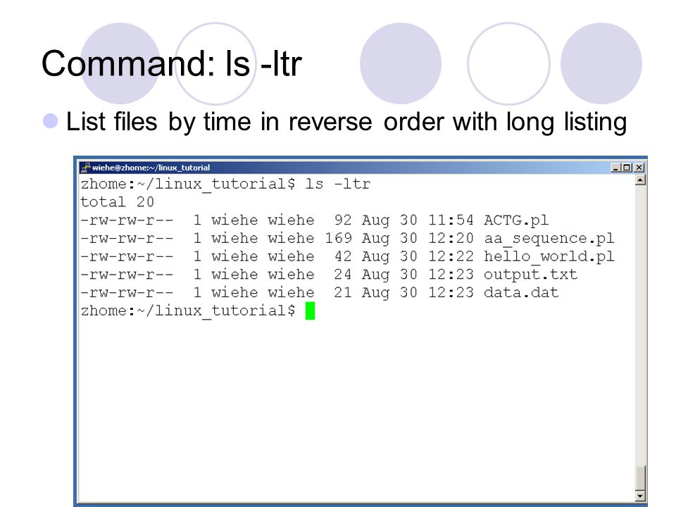 Command: ls -ltr List files by time in reverse order with long listing