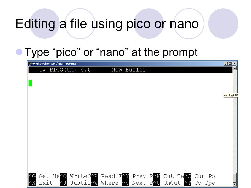 Editing a file using pico or nano Type pico or nano at the prompt