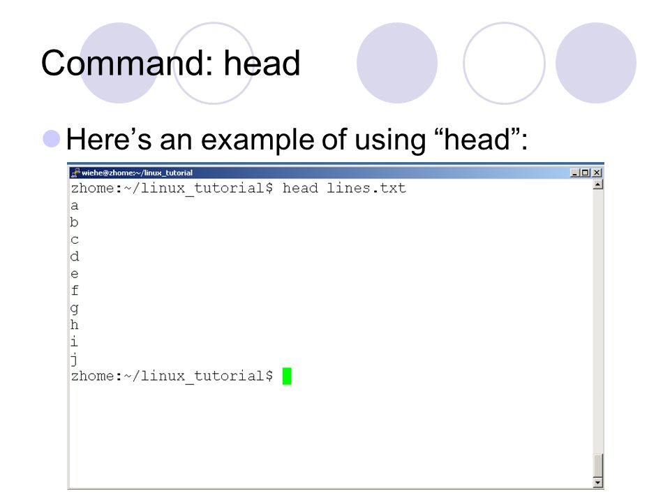 Command: head Here’s an example of using head :