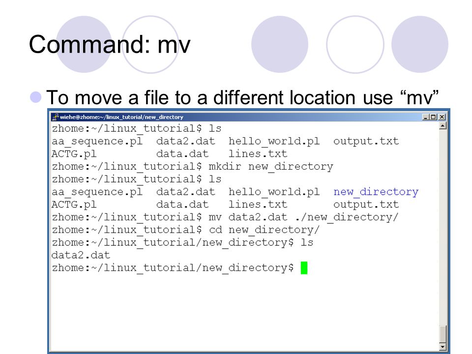 Command: mv To move a file to a different location use mv