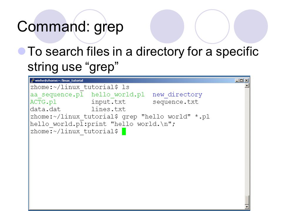 Command: grep To search files in a directory for a specific string use grep
