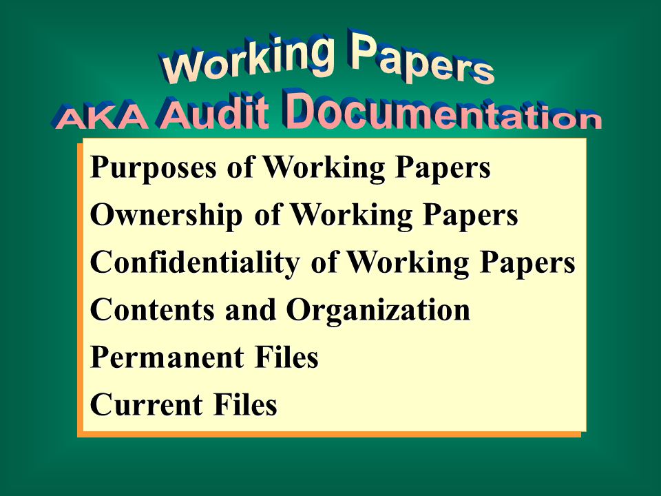 Purposes of Working Papers Ownership of Working Papers Confidentiality of Working Papers Contents and Organization Permanent Files Current Files Purposes of Working Papers Ownership of Working Papers Confidentiality of Working Papers Contents and Organization Permanent Files Current Files