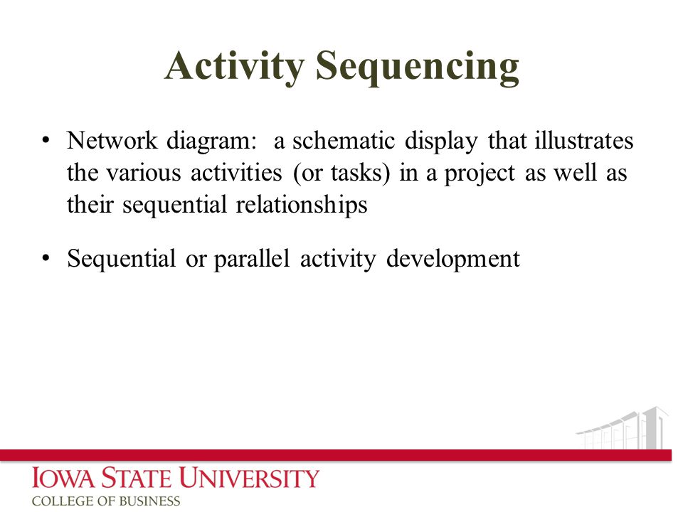 Activity Sequencing Network diagram: a schematic display that illustrates the various activities (or tasks) in a project as well as their sequential relationships Sequential or parallel activity development