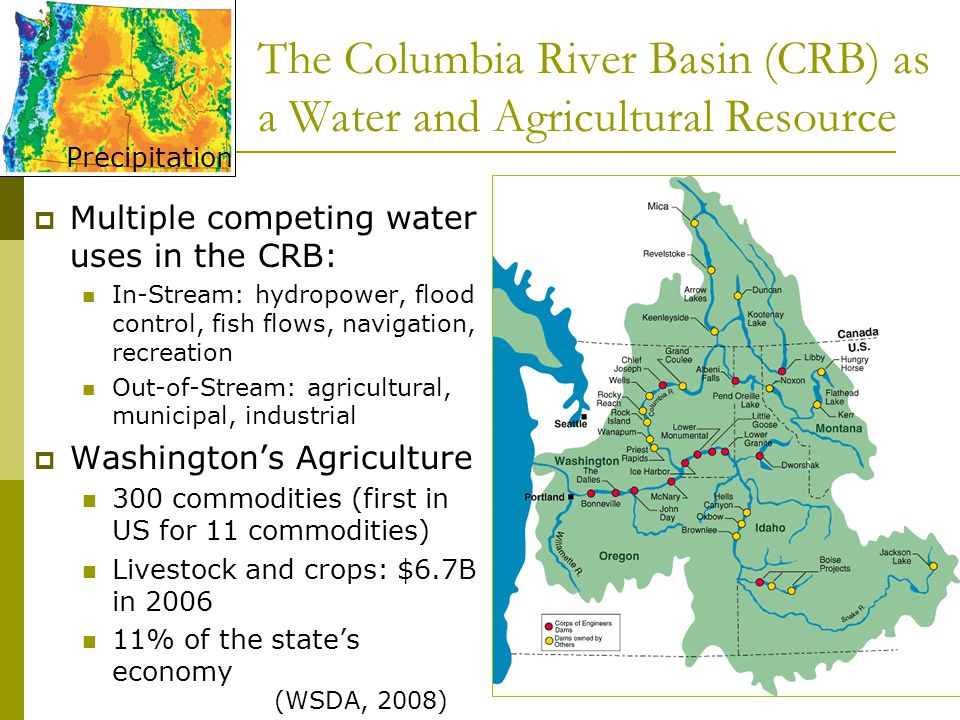 The Columbia River Basin (CRB) as a Water and Agricultural Resource  Multiple competing water uses in the CRB: In-Stream: hydropower, flood control, fish flows, navigation, recreation Out-of-Stream: agricultural, municipal, industrial  Washington’s Agriculture 300 commodities (first in US for 11 commodities) Livestock and crops: $6.7B in % of the state’s economy Precipitation (WSDA, 2008)