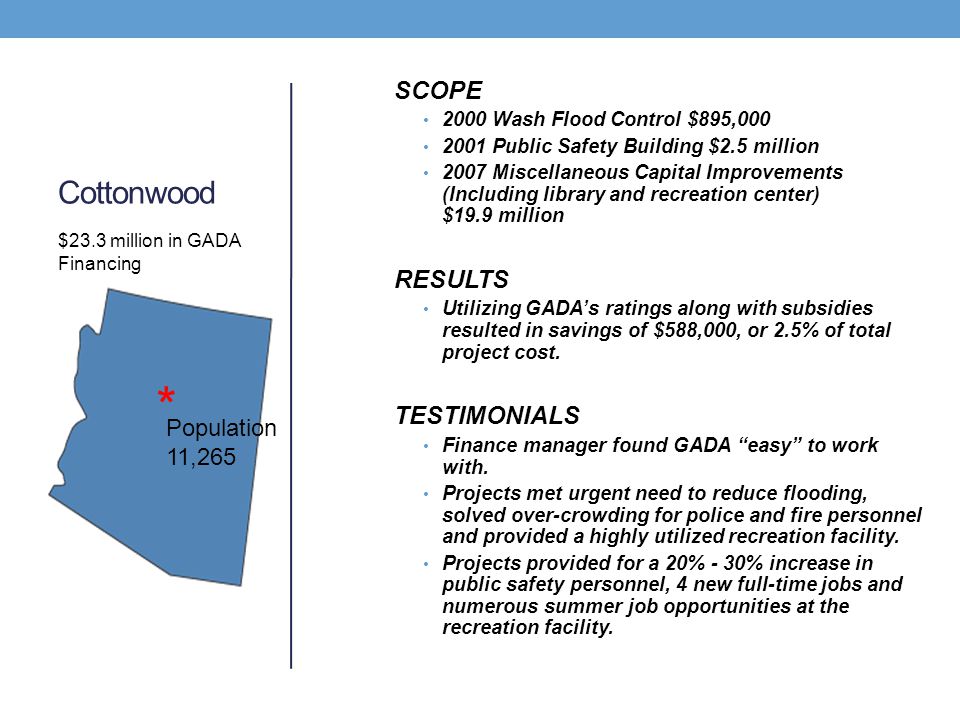 Cottonwood SCOPE 2000 Wash Flood Control $895, Public Safety Building $2.5 million 2007 Miscellaneous Capital Improvements (Including library and recreation center) $19.9 million RESULTS Utilizing GADA’s ratings along with subsidies resulted in savings of $588,000, or 2.5% of total project cost.