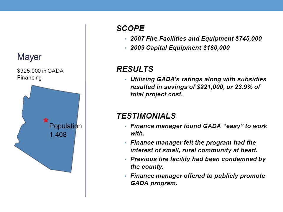 Mayer SCOPE 2007 Fire Facilities and Equipment $745, Capital Equipment $180,000 RESULTS Utilizing GADA’s ratings along with subsidies resulted in savings of $221,000, or 23.9% of total project cost.
