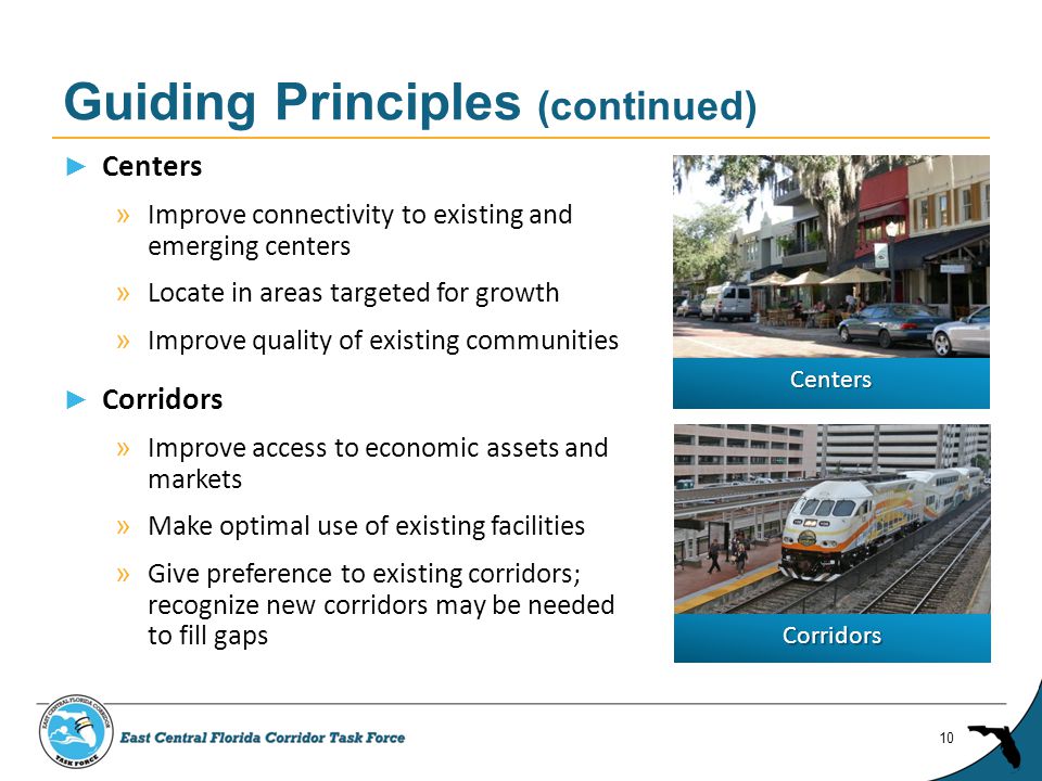 ► Centers » Improve connectivity to existing and emerging centers » Locate in areas targeted for growth » Improve quality of existing communities ► Corridors » Improve access to economic assets and markets » Make optimal use of existing facilities » Give preference to existing corridors; recognize new corridors may be needed to fill gaps Guiding Principles (continued) 10 Centers Corridors