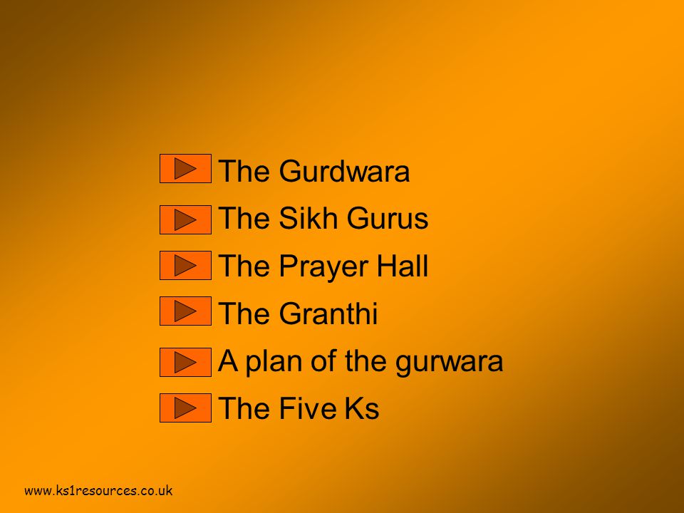The Gurdwara The Sikh Gurus The Prayer Hall The Granthi A plan of the gurwara The Five Ks