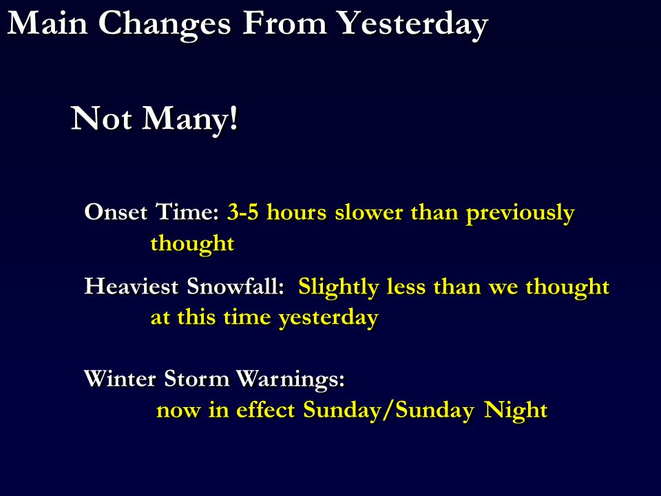 Main Changes From Yesterday Onset Time: 3-5 hours slower than previously thought Heaviest Snowfall: Slightly less than we thought at this time yesterday Winter Storm Warnings: now in effect Sunday/Sunday Night Onset Time: 3-5 hours slower than previously thought Heaviest Snowfall: Slightly less than we thought at this time yesterday Winter Storm Warnings: now in effect Sunday/Sunday Night Not Many!