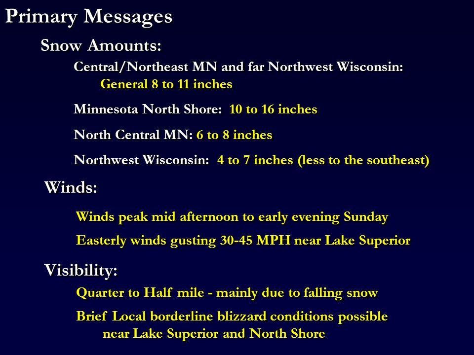 Primary Messages Central/Northeast MN and far Northwest Wisconsin: General 8 to 11 inches Minnesota North Shore: 10 to 16 inches North Central MN: 6 to 8 inches Northwest Wisconsin: 4 to 7 inches (less to the southeast) Central/Northeast MN and far Northwest Wisconsin: General 8 to 11 inches Minnesota North Shore: 10 to 16 inches North Central MN: 6 to 8 inches Northwest Wisconsin: 4 to 7 inches (less to the southeast) Snow Amounts: Winds: Winds peak mid afternoon to early evening Sunday Easterly winds gusting MPH near Lake Superior Winds peak mid afternoon to early evening Sunday Easterly winds gusting MPH near Lake Superior Visibility: Quarter to Half mile - mainly due to falling snow Brief Local borderline blizzard conditions possible near Lake Superior and North Shore Quarter to Half mile - mainly due to falling snow Brief Local borderline blizzard conditions possible near Lake Superior and North Shore