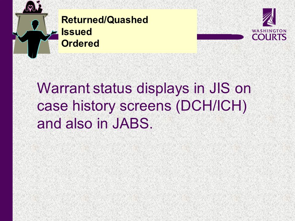 c Warrant status displays in JIS on case history screens (DCH/ICH) and also in JABS.