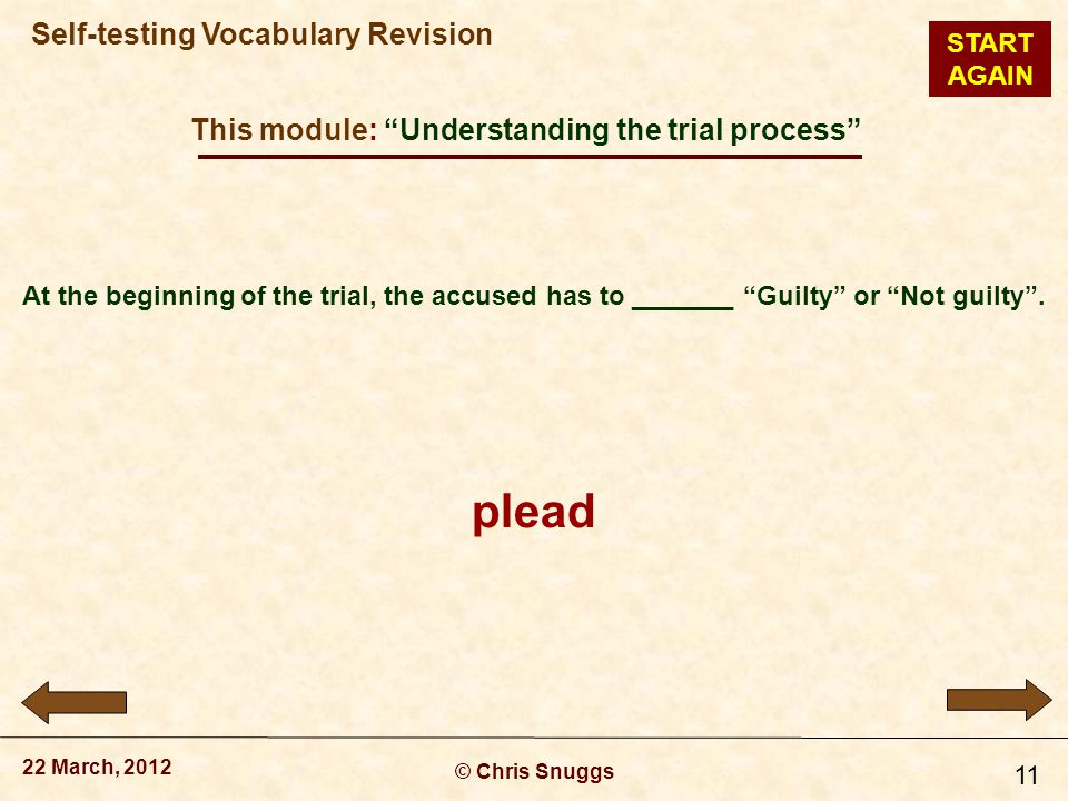 This module: Understanding the trial process © Chris Snuggs 22 March, 2012 Self-testing Vocabulary Revision 11 At the beginning of the trial, the accused has to _______ Guilty or Not guilty .