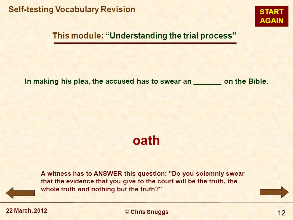 This module: Understanding the trial process © Chris Snuggs 22 March, 2012 Self-testing Vocabulary Revision 12 In making his plea, the accused has to swear an _______ on the Bible.