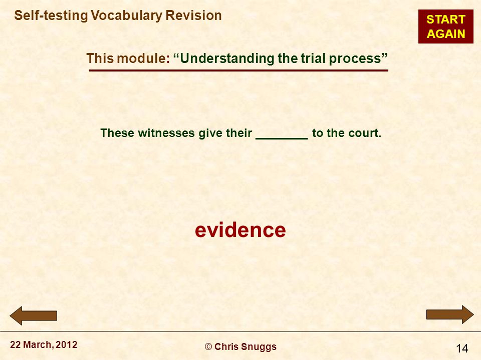 This module: Understanding the trial process © Chris Snuggs 22 March, 2012 Self-testing Vocabulary Revision 14 These witnesses give their ________ to the court.