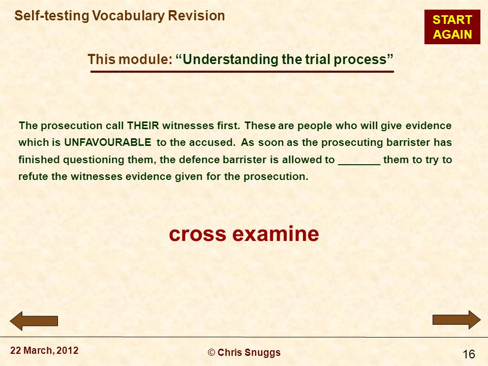 This module: Understanding the trial process © Chris Snuggs 22 March, 2012 Self-testing Vocabulary Revision 16 The prosecution call THEIR witnesses first.