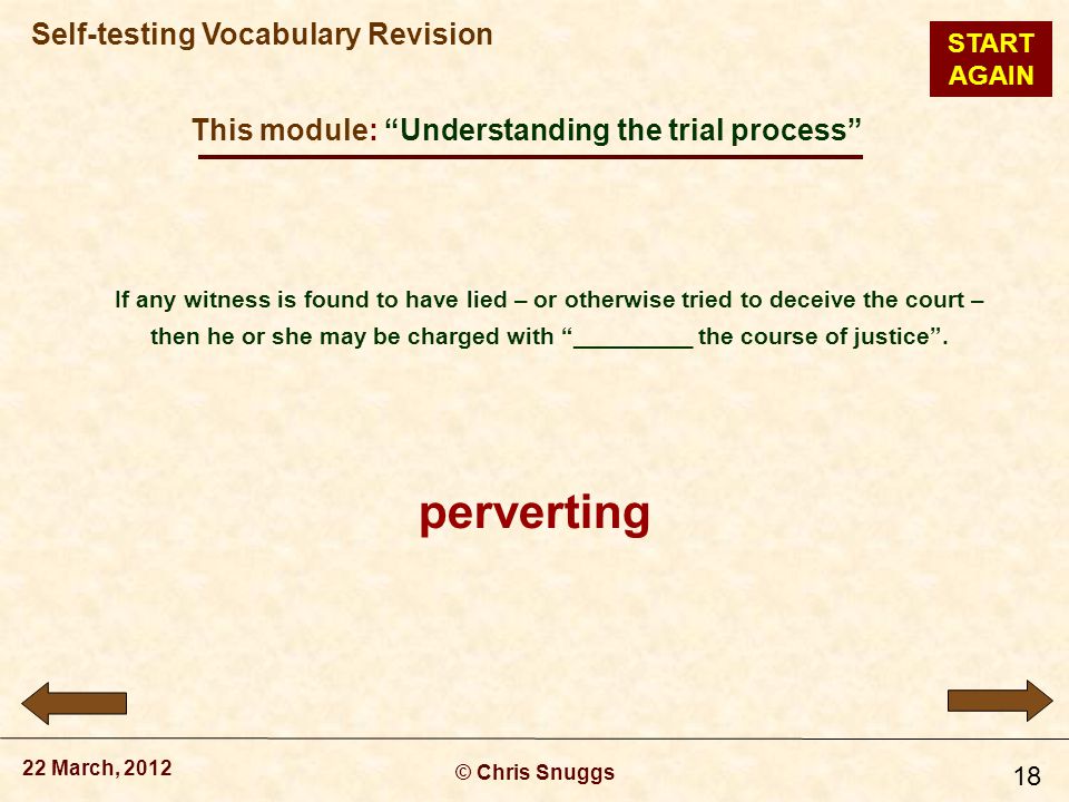 This module: Understanding the trial process © Chris Snuggs 22 March, 2012 Self-testing Vocabulary Revision 18 If any witness is found to have lied – or otherwise tried to deceive the court – then he or she may be charged with _________ the course of justice .