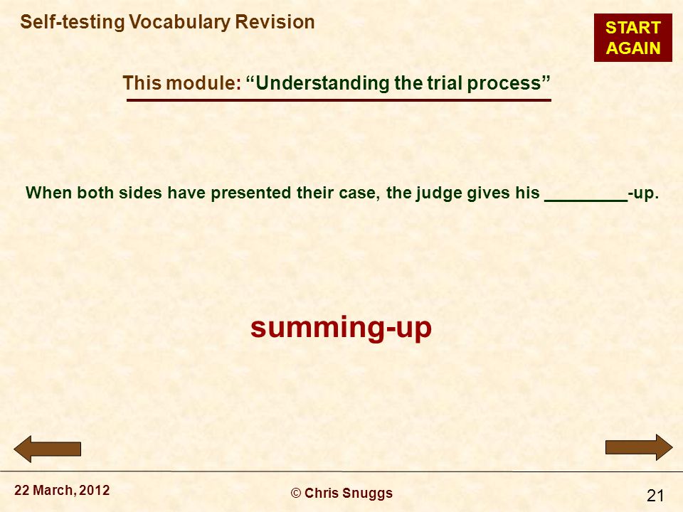 This module: Understanding the trial process © Chris Snuggs 22 March, 2012 Self-testing Vocabulary Revision 21 When both sides have presented their case, the judge gives his _________-up.